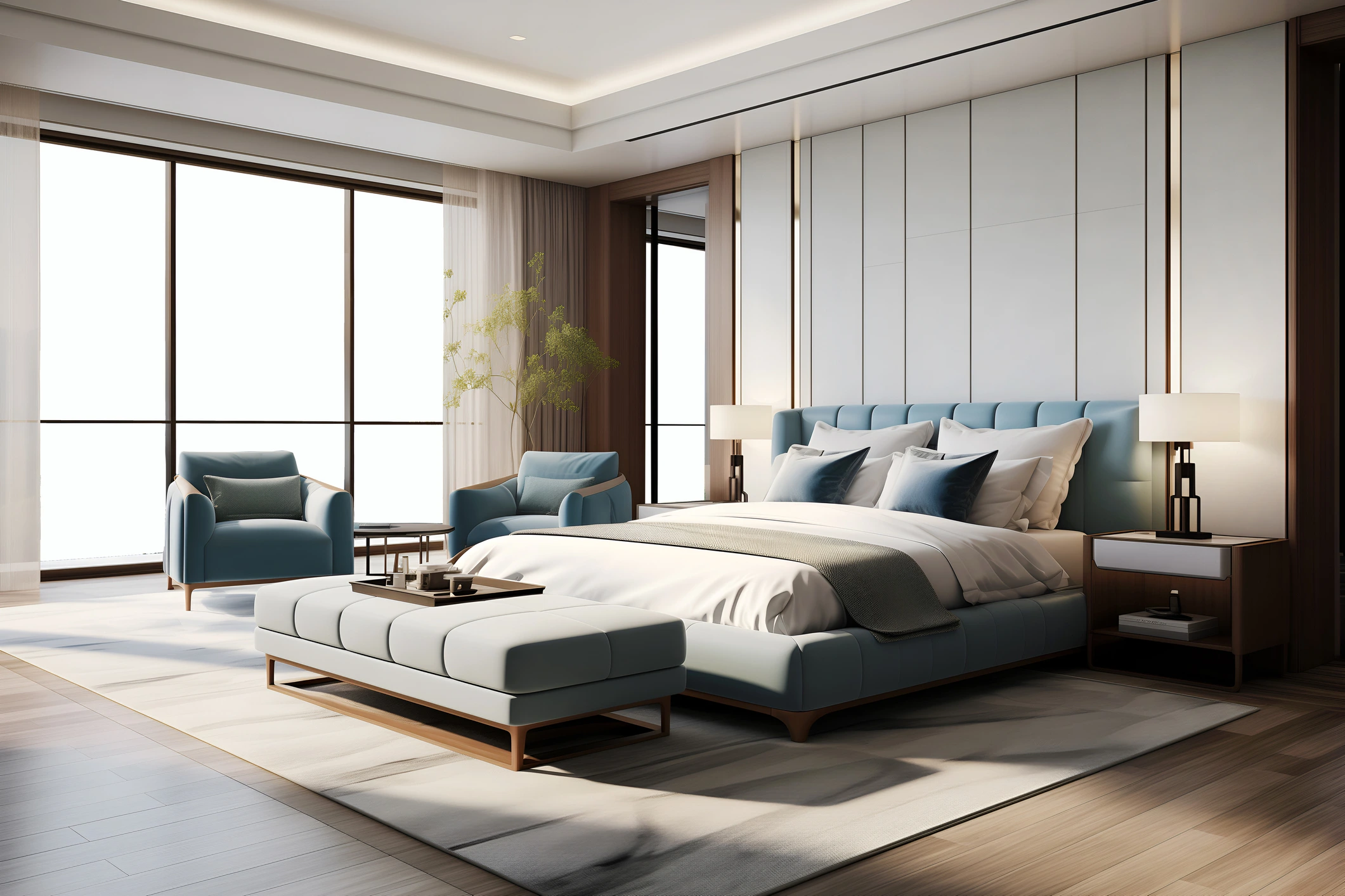 Modern bedroom with minimalist design and soft neutral tones.